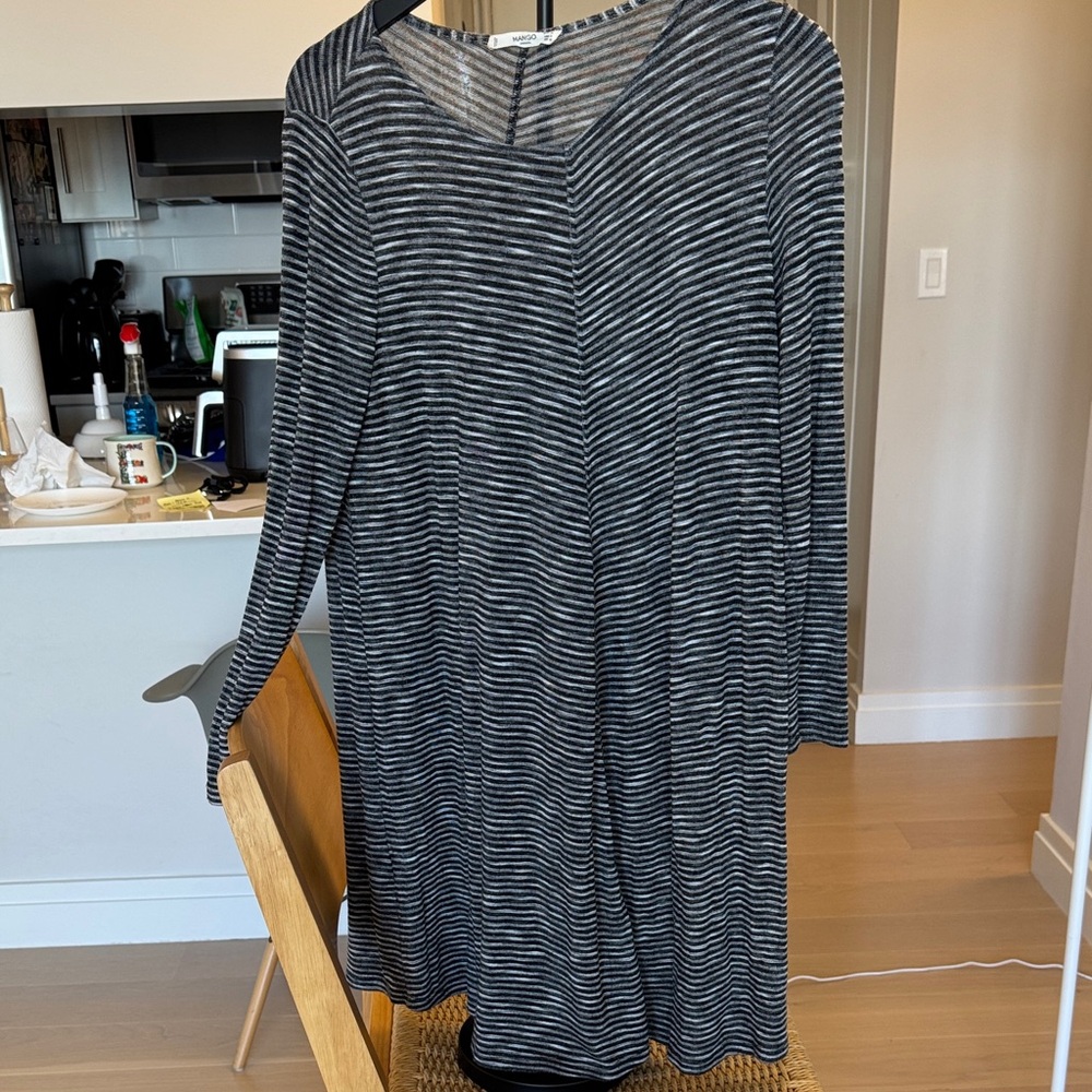 Mango Black and Gray Striped Long Sleeve Dress